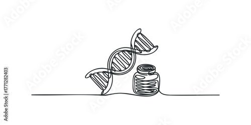Minimalist DNA helix next to a simple vial