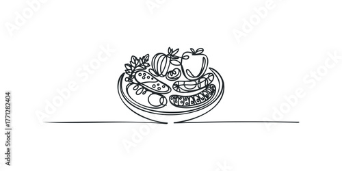 Hand Drawn Line Art Salad and Fruits on a Plate