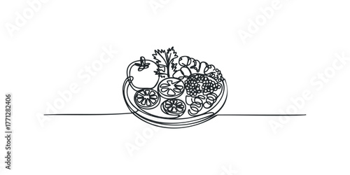 Single line drawing of a healthy food bowl with fruits and vegetables
