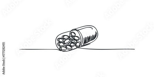 Open capsule with small pills inside, hand-drawn style