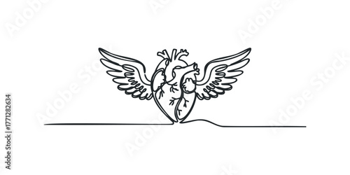 Single Line Drawing of a Heart with Wings