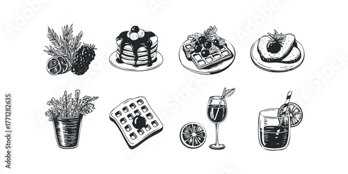 Collection of hand drawn food and drink elements