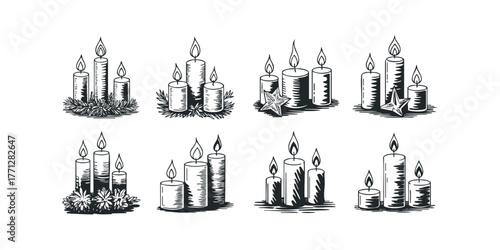 Set of various lit candles with foliage and stars