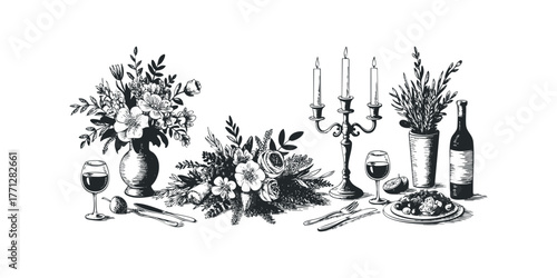 Elegant table setting with flowers and wine