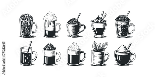 Collection of Hand Drawn Coffee and Dessert Drinks
