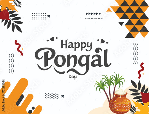 Happy Pongal banner with Pongal props, holiday Background, Pongal celebration greeting card, abstract vector illustration design.	