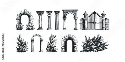 Collection of stone arches, columns and gate with foliage