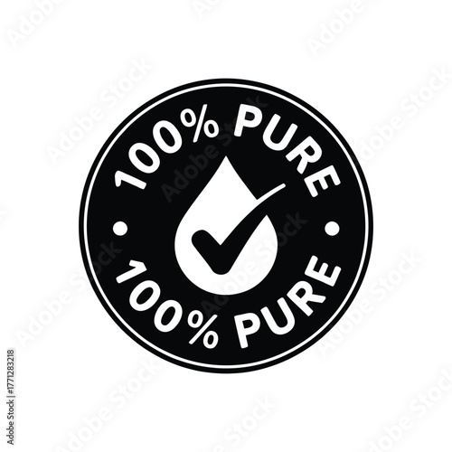 Black and white 100 percent pure seal with water drop and checkmark