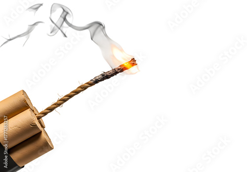 Dynamite stick burning with smoke and a lit fuse