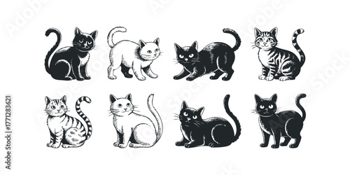 Collection of eight illustrated cats in various poses and colors