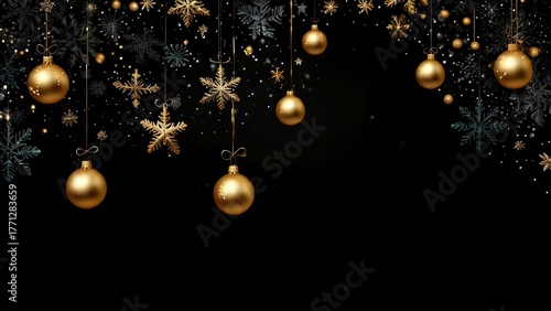Elegant New Festive Decoration Image Featuring Beautiful Gold Christmas Balls and Stars against a Blank Black Background for a Luxury Feel.