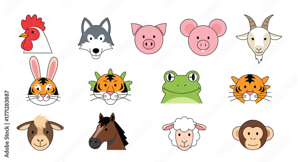 Fototapeta premium A collection of cute cartoon animal faces, including farm animals, wild creatures, and fantasy hybrids, presented on a white background.