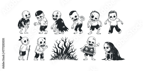 Group of diverse creatures with vacant eyes and tattered clothing