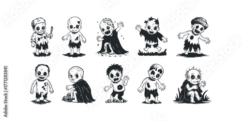 Group of Ten Cartoon Zombies With Tattered Clothing
