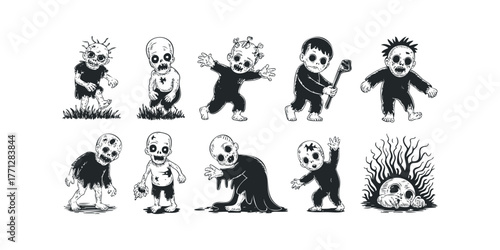 Set of Various Spooky Zombie Characters in Black and White