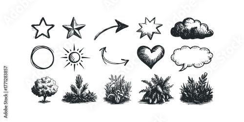 Sketch Icons Set of Stars, Arrows, Sun, Heart, Cloud, and Plants