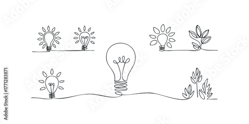 Lightbulb with radiating lines and plant motifs