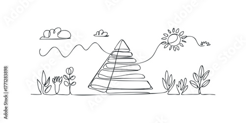 Minimalist continuous line drawing of a stacking toy pyramid and nature