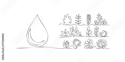 One Line Drawing of Water Drop and Plants