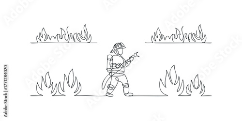 Firefighter battling flames in single line drawing style