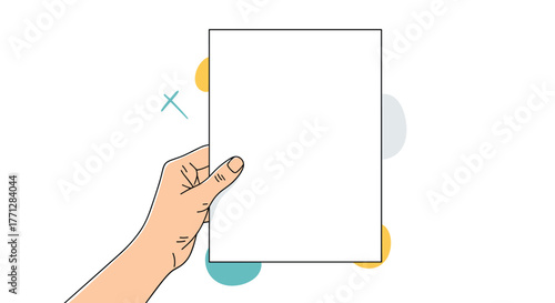 A hand holds up a blank white sheet of paper, ready for content, against a simple background adorned with abstract colorful shapes.