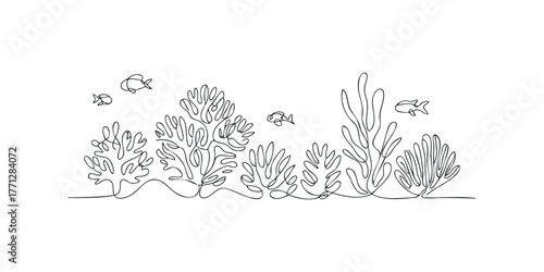Underwater Coral and Fish Line Drawing