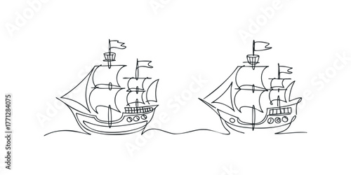 Two Sailing Ships on Water in Simple Line Art