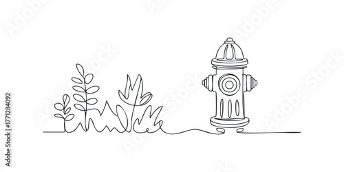 Single line drawing of a fire hydrant and foliage