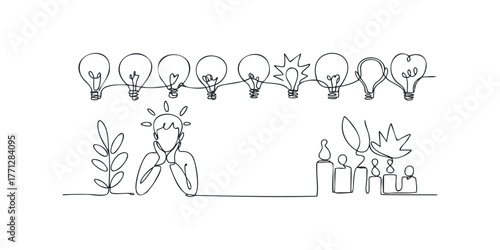 Conceptual line drawing of a person thinking with lightbulbs