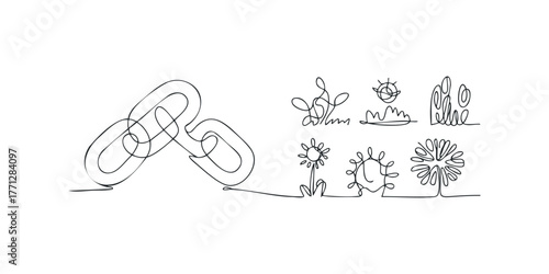 Continuous line drawing of linked chains and floral motifs