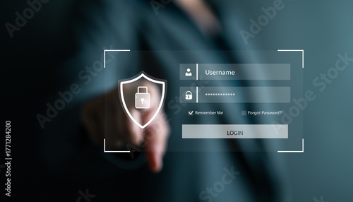 Businesswoman touching virtual login screen with security icon. Represents online safety, account protection, password access, user verification and secure system interface in technology.