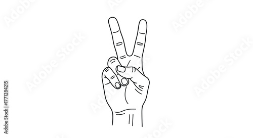 A simple line art illustration of a hand showing the peace or victory sign, commonly used for gestures of peace, victory, or the number two.