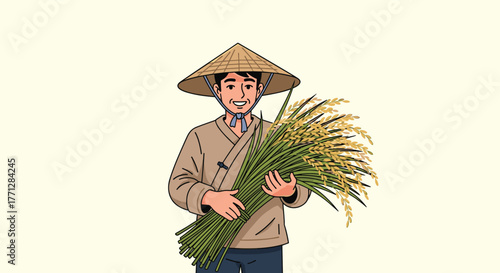 A cheerful farmer wearing a traditional conical hat beams with joy while holding a generous bundle of freshly harvested golden rice in his arms.