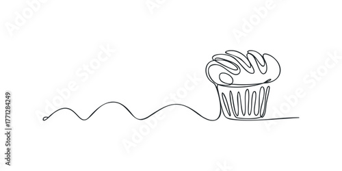 Single line drawing of a cupcake with frosting