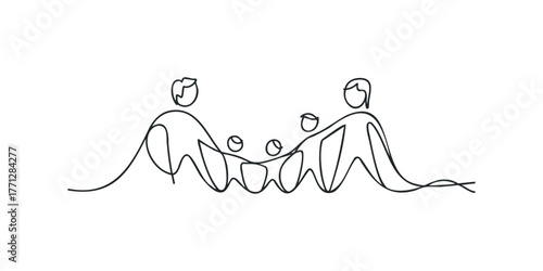 Line art family with children holding hands smiling