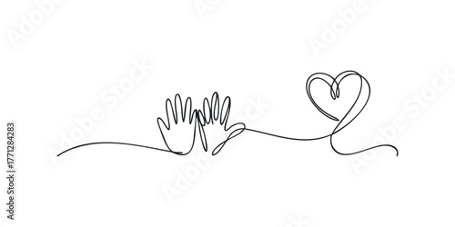 Continuous line drawing of open hands and heart