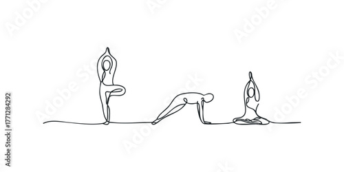 Line drawing of three yoga poses on white