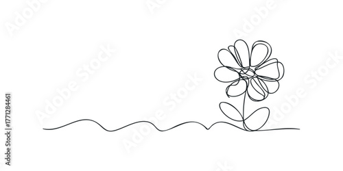 Single line drawing of a delicate flower on wavy ground