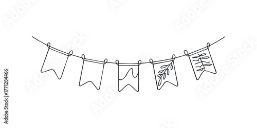 Line art string of decorative banners with simple festive motifs