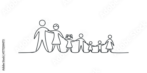 Simple line drawing of parents with children holding hands