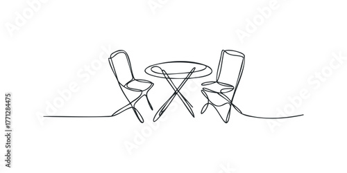 Single line drawing of two chairs and a table