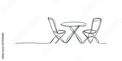 Minimalist line drawing of two chairs and a round table