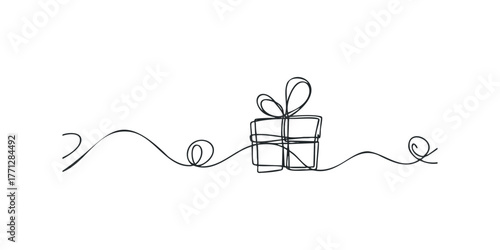 Continuous line drawing of a gift box with a bow