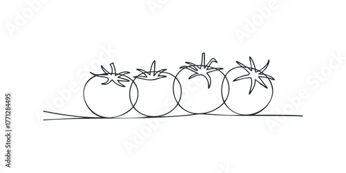 Simple line drawing of four ripe tomatoes on a vine