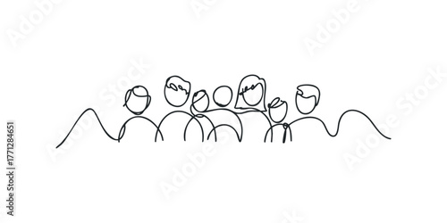Continuous line drawing of a diverse group of people standing together