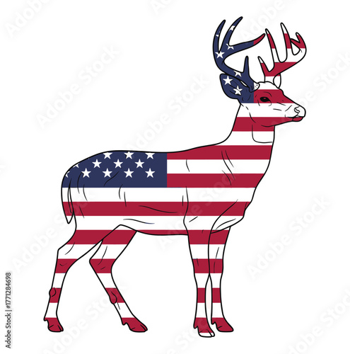 Proud American flag deer with stars and stripes covering its body and antlers. A patriotic wildlife graphic for hunters, outdoor enthusiasts, and US pride.