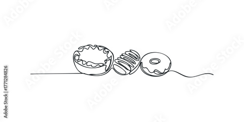 Minimalist continuous line drawing of three pastries