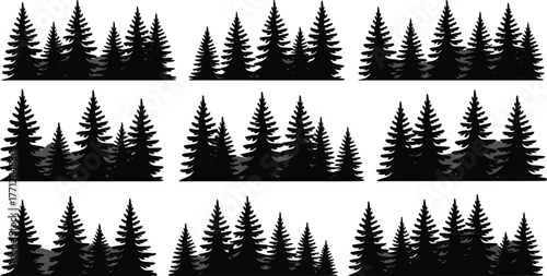 Vector silhouette of pine tree forest illustration, black evergreen woodland set, nature landscape elements, conifer trees clipart, outdoor design template