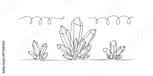Minimalist crystal cluster line art with abstract swirls