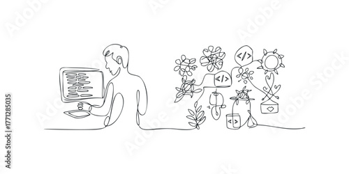 Man works on computer with abstract creative ideas emerging